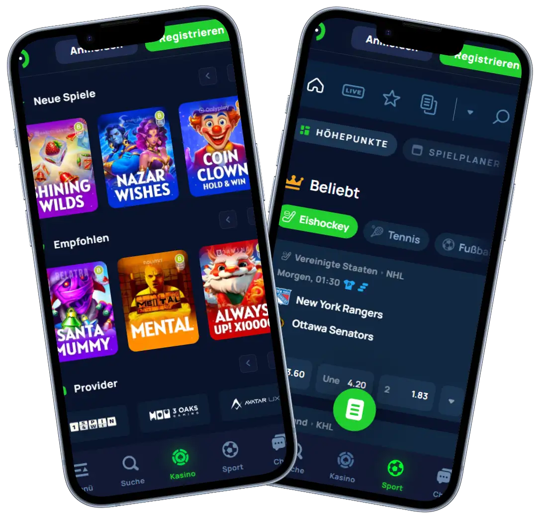 Cybet Casino mobile Ansicht mit Slot Spielen und Sportwetten auf zwei Smartphones
