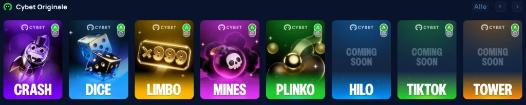 Cybet Casino originale Spiele Auswahl mit Crash Dice Limbo Mines und Plinko