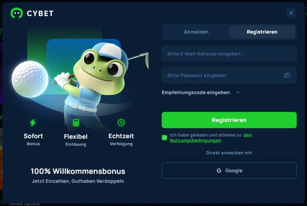 Cybet Casino Registrierungsformular mit 100 Prozent Willkommensbonus