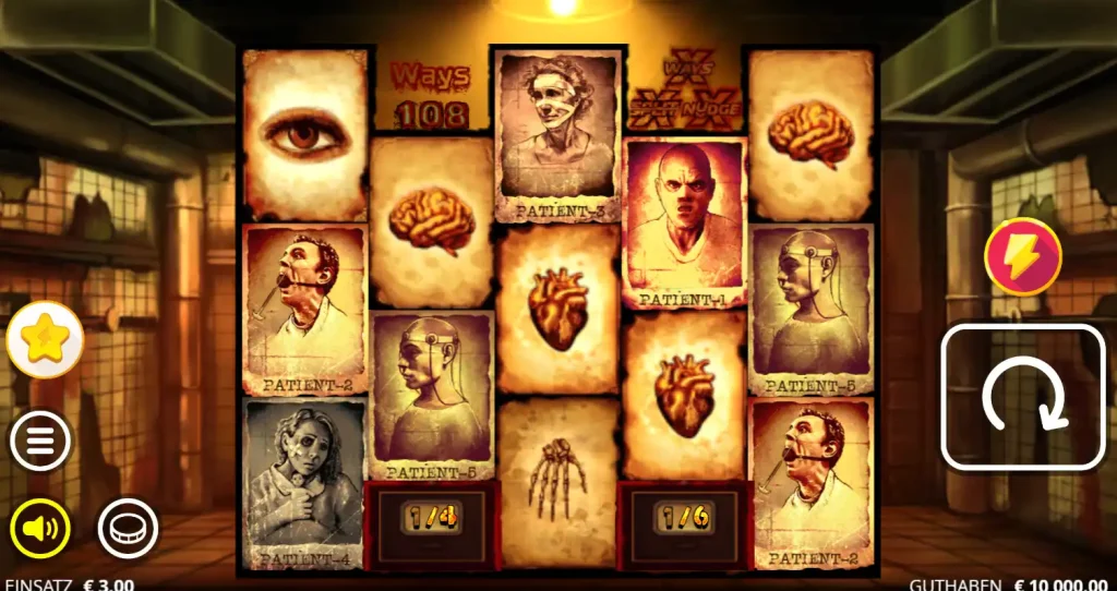 Cybet Casino Slot im Demo-Modus mit Horror-Theme und Patienten-Symbolen