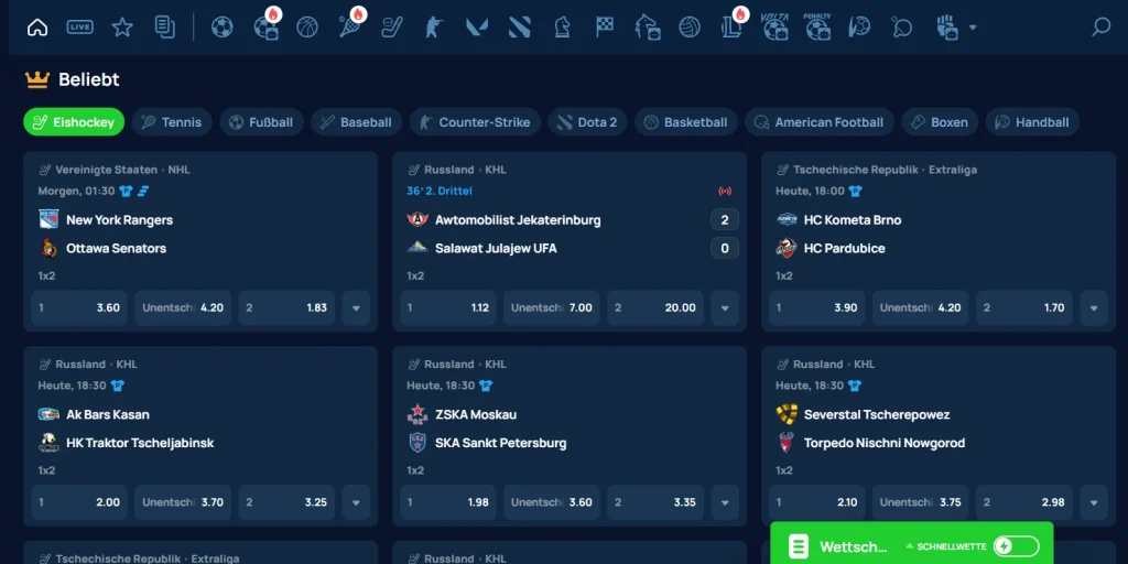 Cybet Casino Sportwetten Bereich mit Eishockey Spielen und Quoten